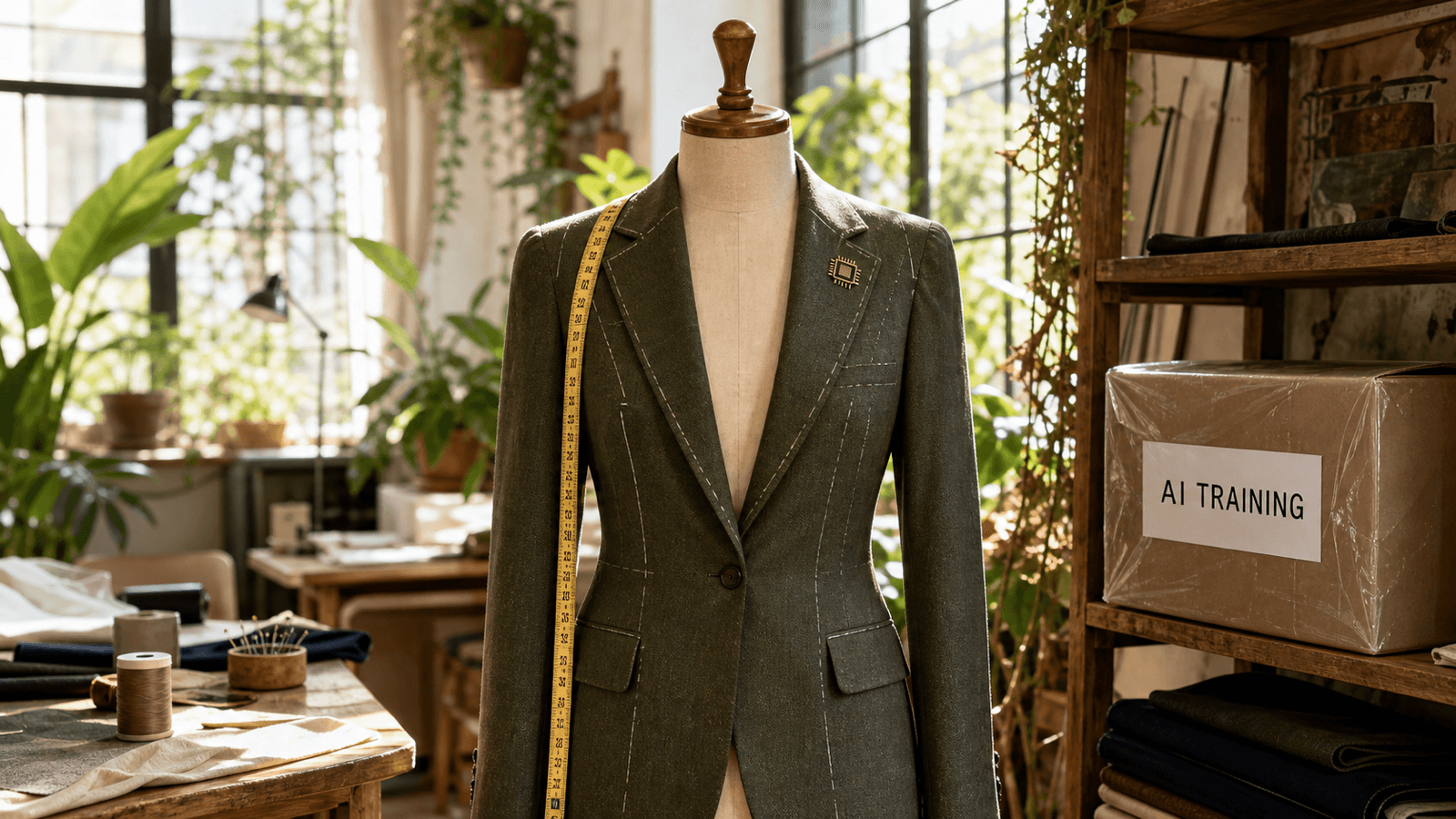 A bright, plant-filled tailor's atelier where a bespoke jacket is being fitted on a dress form, a tape measure in hand; on a shelf nearby a shrink-wrapped box labelled "AI TRAINING" sits unopened — a wry contrast between a programme tailored to fit and an off-the-shelf course nobody uses.