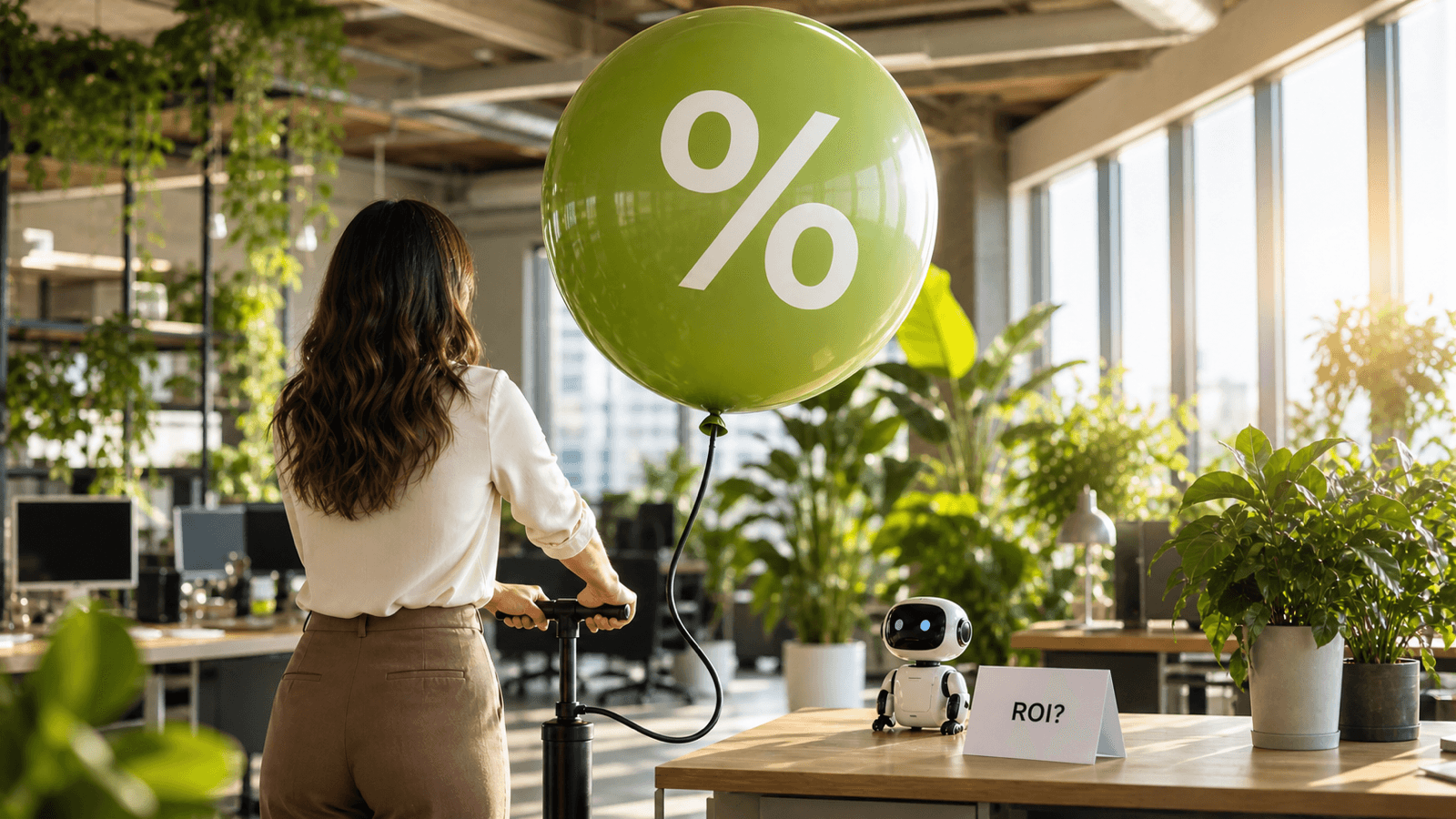 In a bright, plant-filled office, a fashionably dressed figure (seen from behind) cheerfully inflates an oversized glossy balloon marked with a large percent sign using a bicycle pump, while a small AI robot watches and a folded card on the desk reads "ROI?" — a wry image of an impressive metric that is mostly hot air.